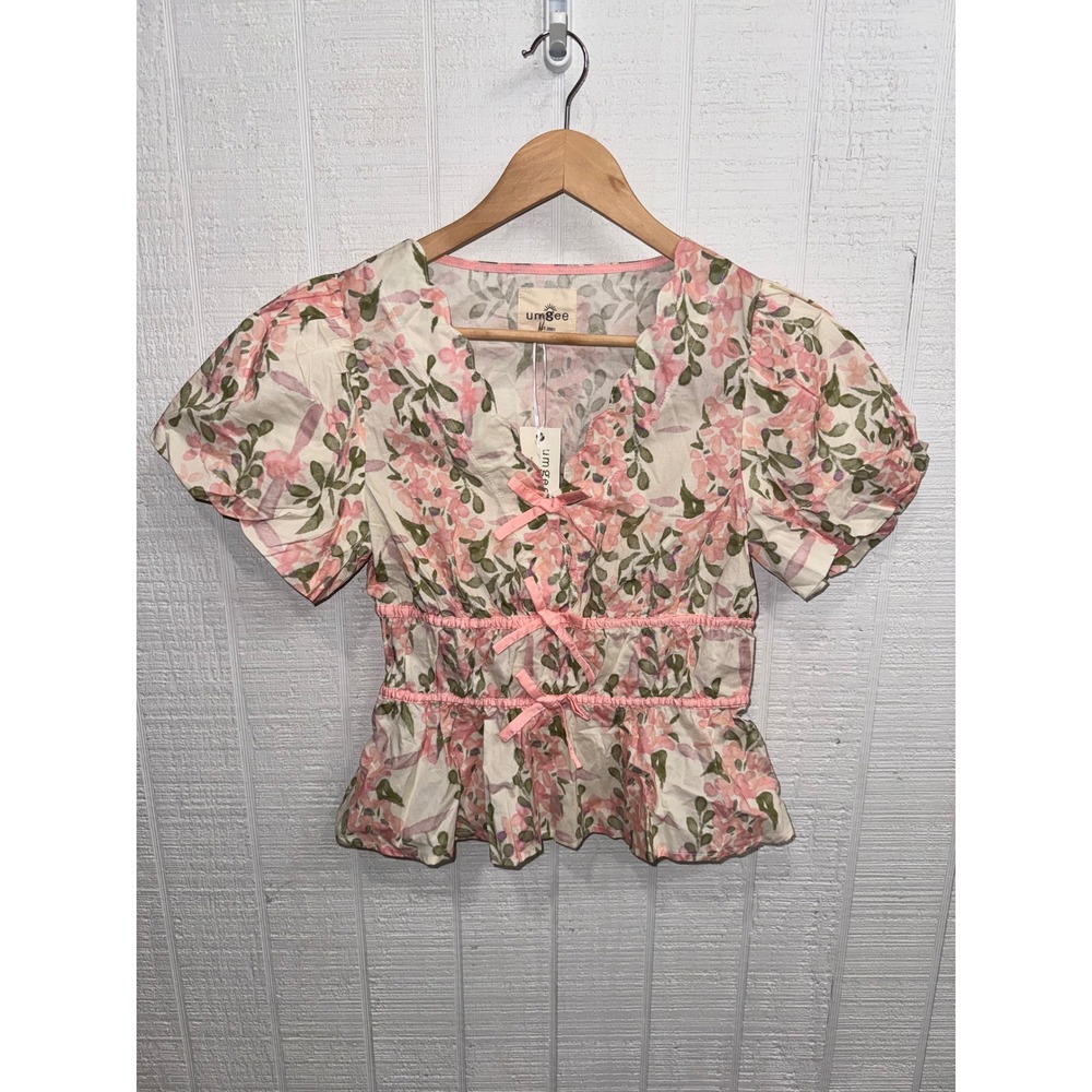 Umgee Peplum Top Womens Pink Floral Scalloped Bow Puff Sleeve New Small